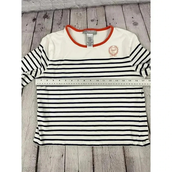 Sag Harbor Sport Striped Shirt Petite Medium 3/4 Sleeves Orange Trim Women's - Picture 9 of 11